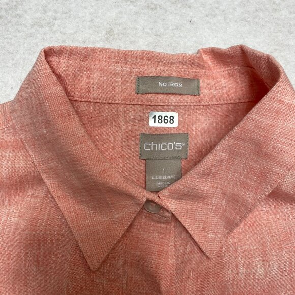 Chicos No Iron Tunic Shirt Women's 1 Salmon 3/4 Sleeve 100% Linen Blouse Dress - Picture 2 of 10